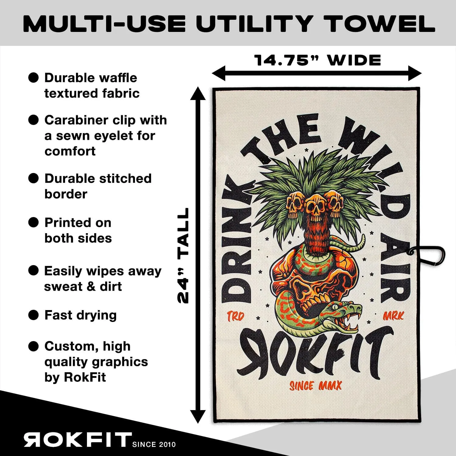 RokFit Gym & Golf Towel – Multi-Use, Quick-Dry, Durable Utility Towel with Bold Graphic and Carabiner Clip (Drink The Wild Air)