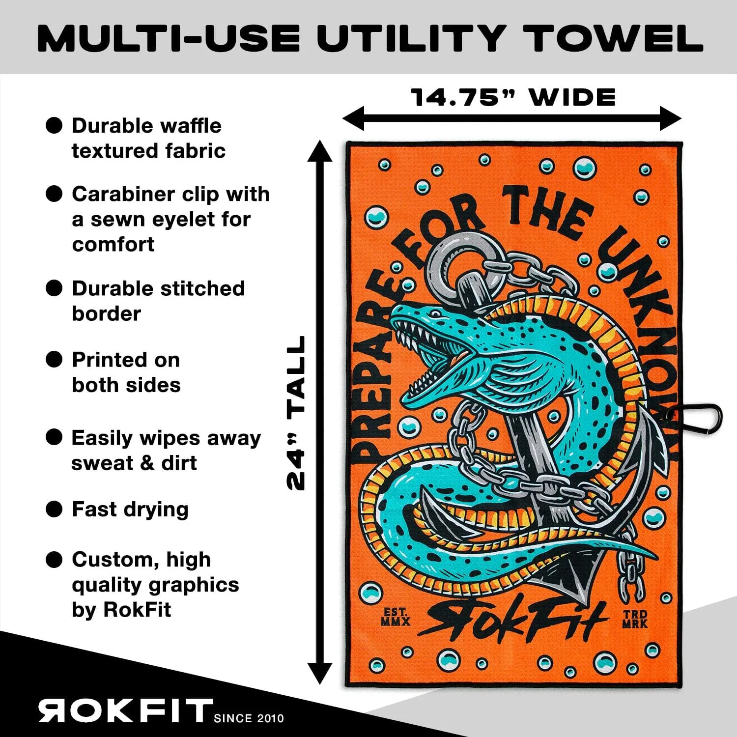 RokFit Gym & Golf Towel – Multi-Use, Quick-Dry, Durable Utility Towel with Bold Graphic and Carabiner Clip (Prepare for The Unknown)