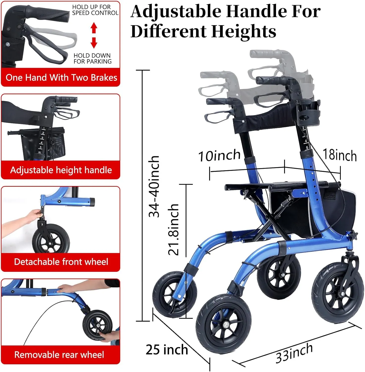 Rollator Walker for Seniors, Lightweight Foldable All Terrain Rolling Walker with seat, Aluminum Walkers with 10 inch Rubber Wheels, Handles and Backrest for Seniors and Adult