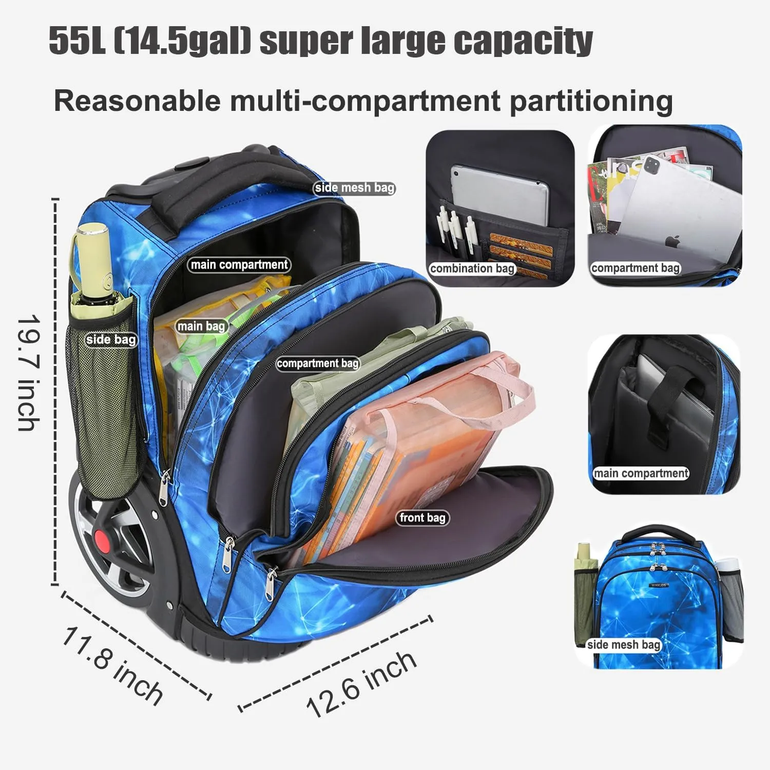 Rolling Backpack, 55L (14.5gal) Backpack with Wheels for Business, Waterproof Backpack with Dual Handles and Silent Large Wheels, Carry on Backpack with Laptop Compartment (Black,22 inch)