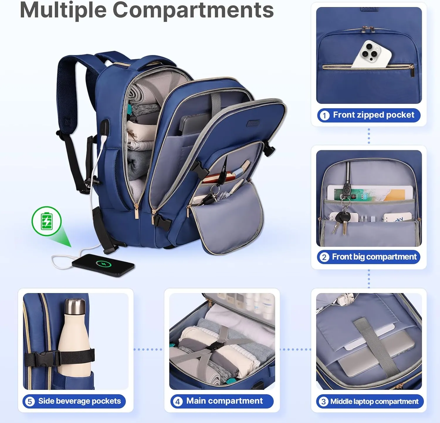 Rolling Backpack for Women, 17Inch Laptop Travel Backpack with Wheels, Carry on Luggage Airplane, Overnight Business Bag (Dark Blue) (In Patent)
