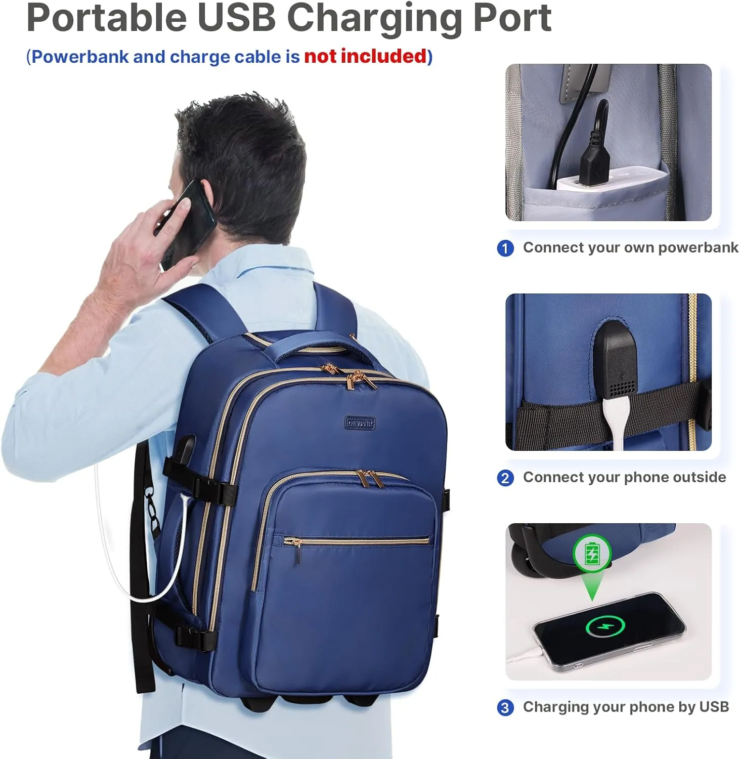 Rolling Backpack for Women, 17Inch Laptop Travel Backpack with Wheels, Carry on Luggage Airplane, Overnight Business Bag (Dark Blue) (In Patent)
