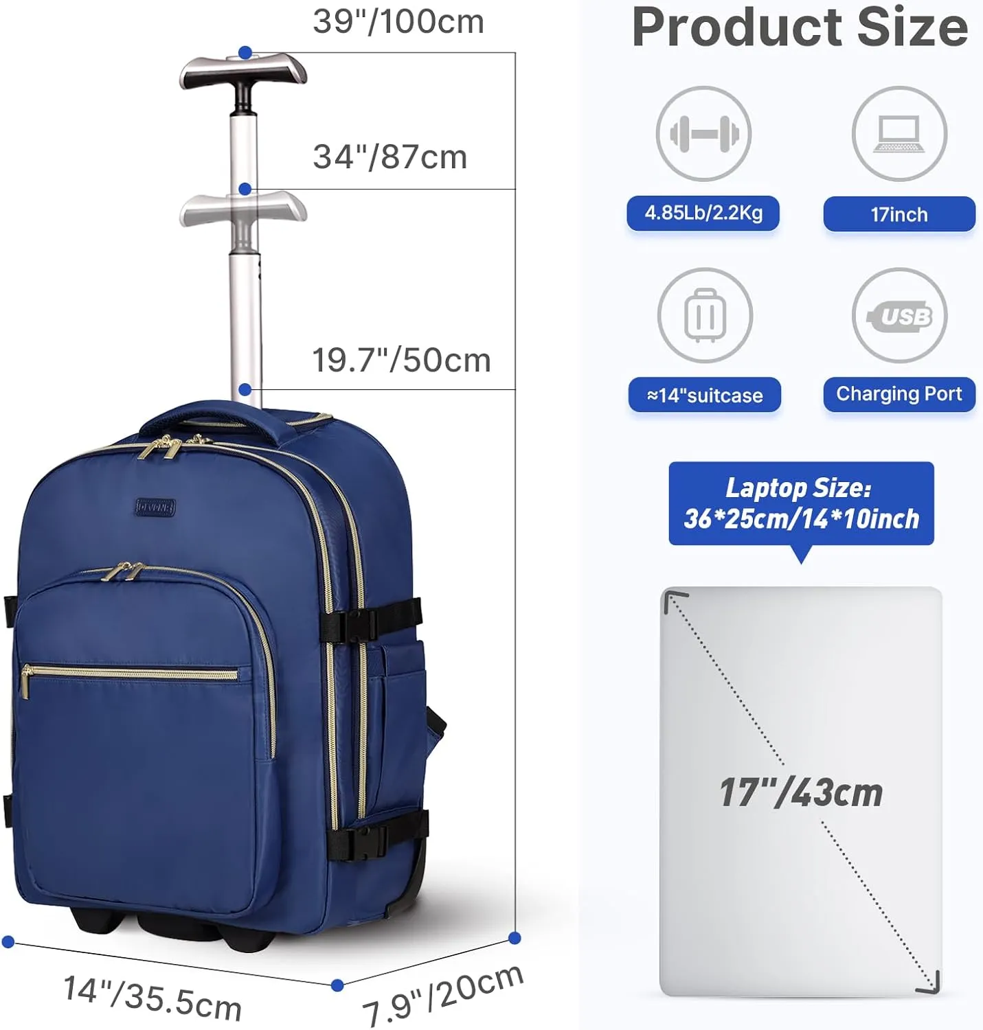 Rolling Backpack for Women, 17Inch Laptop Travel Backpack with Wheels, Carry on Luggage Airplane, Overnight Business Bag (Dark Blue) (In Patent)