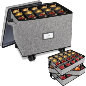 Rolling Ornament Storage Box, Holiday Ornament Organizer with 3 Individual Removable Trays, Large Capacity Christmas Ornament Box with Tow Rope and Double Handles
