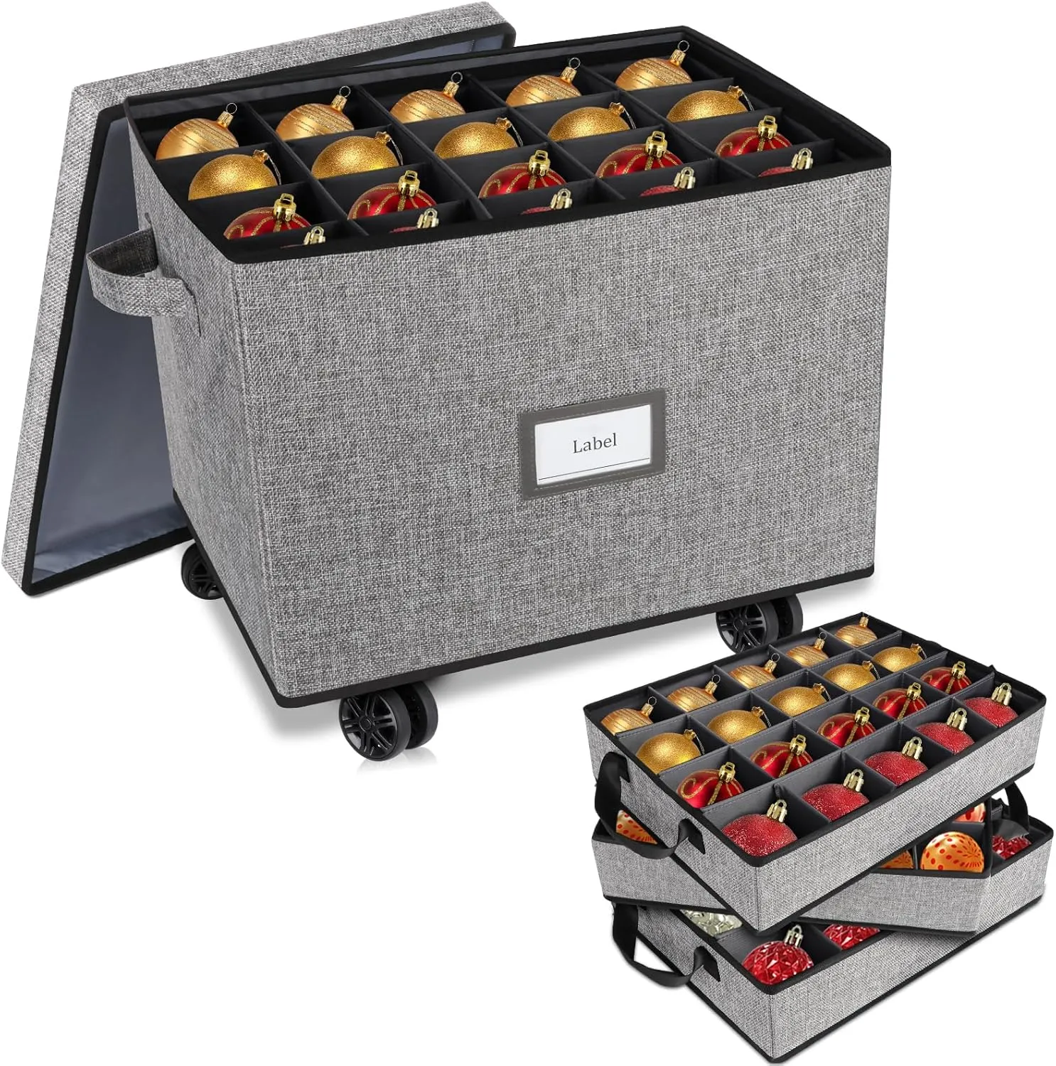 Rolling Ornament Storage Box, Holiday Ornament Organizer with 3 Individual Removable Trays, Large Capacity Christmas Ornament Box with Tow Rope and Double Handles