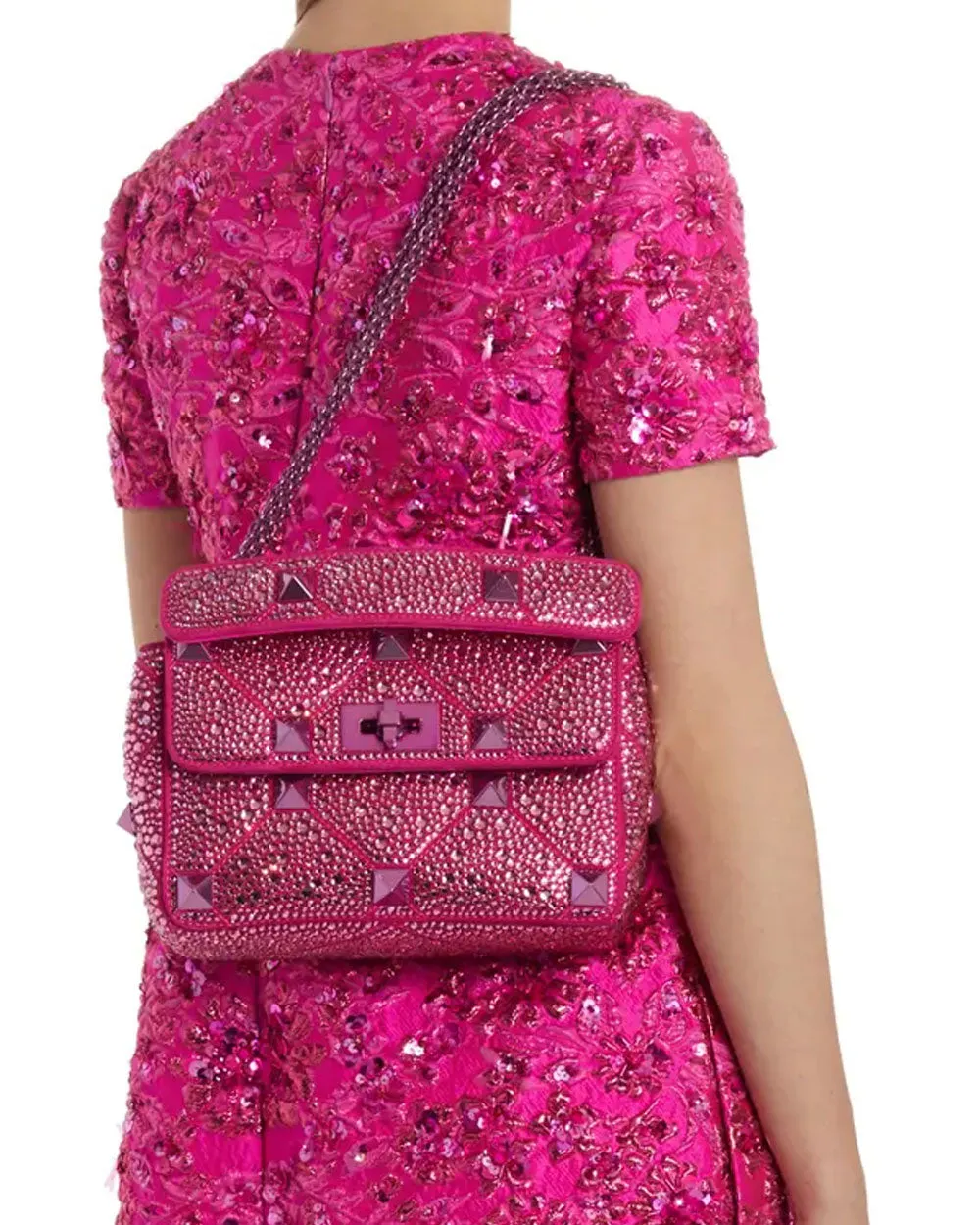Roman Stud Medium Bag with Chain and Rhinestones in Rose Pink