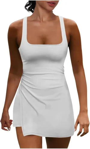 Romper Dress for Women Sleeveless Spaghetti Strap Rompers Square Neck Tennis Dress Workout Athletic Clothes