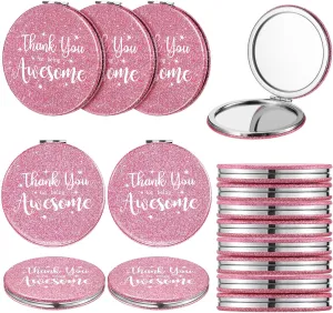 Roowest 12 Pcs Inspirational Compact Mirror Small Gifts for Mom Women Bulk Double Sided Travel Thank You for Being Awesome Makeup Magnifying Pocket Mirror for Purse(Pink)