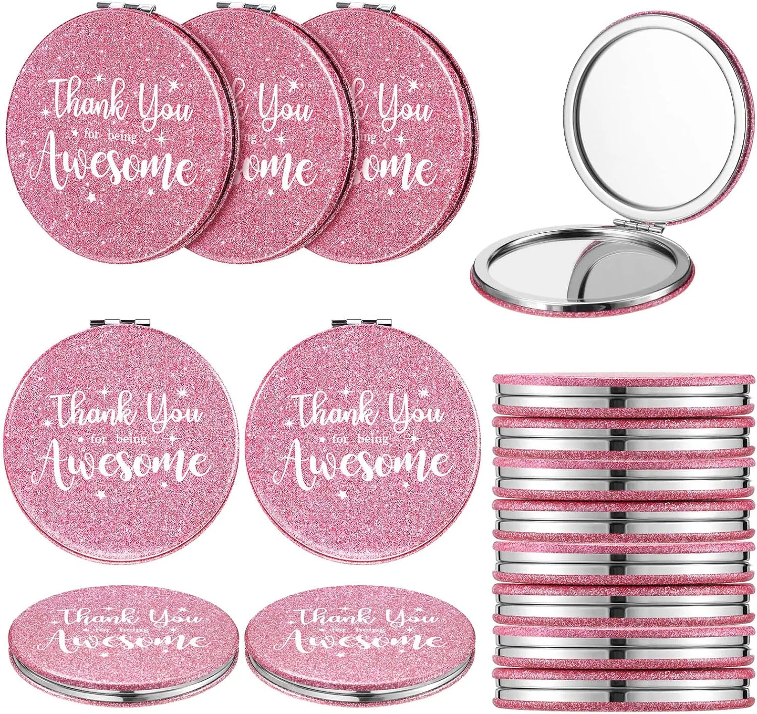 Roowest 12 Pcs Inspirational Compact Mirror Small Gifts for Mom Women Bulk Double Sided Travel Thank You for Being Awesome Makeup Magnifying Pocket Mirror for Purse(Pink)