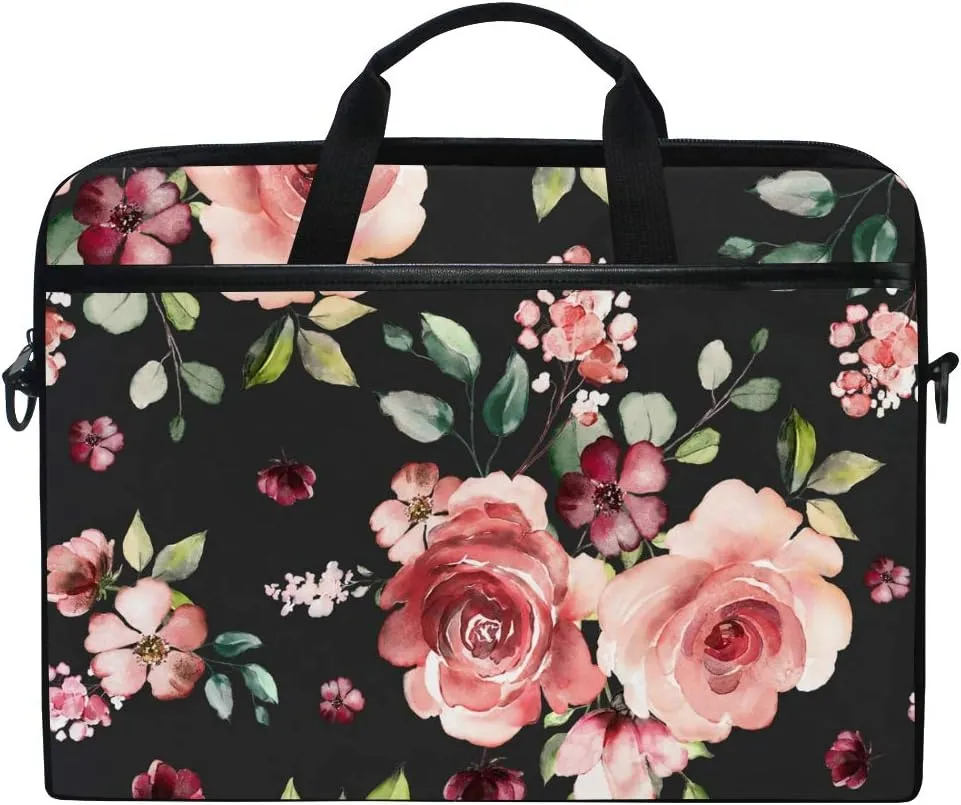 Rose Flowers Floral Black Laptop Case Bag Sleeve Portable/Crossbody Messenger Briefcase Convertible w/Strap Pocket for MacBook Air/Pro Surface Dell ASUS hp Lenovo 15-15.4 inch