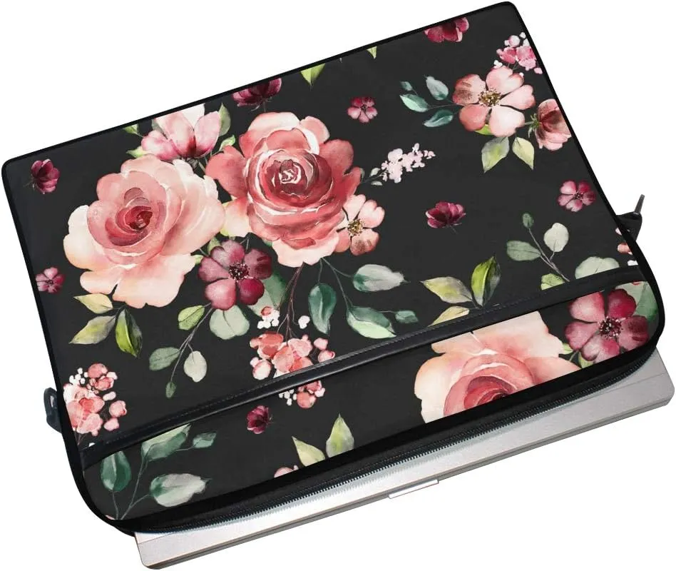 Rose Flowers Floral Black Laptop Case Bag Sleeve Portable/Crossbody Messenger Briefcase Convertible w/Strap Pocket for MacBook Air/Pro Surface Dell ASUS hp Lenovo 15-15.4 inch