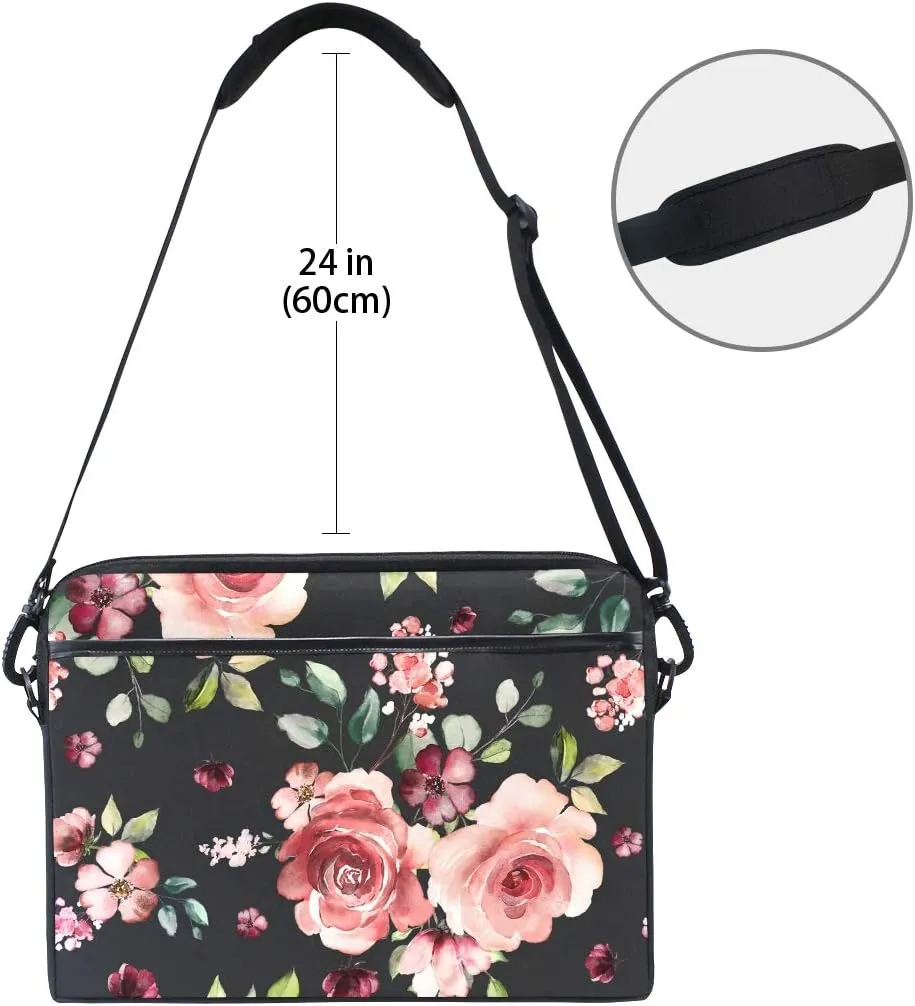 Rose Flowers Floral Black Laptop Case Bag Sleeve Portable/Crossbody Messenger Briefcase Convertible w/Strap Pocket for MacBook Air/Pro Surface Dell ASUS hp Lenovo 15-15.4 inch