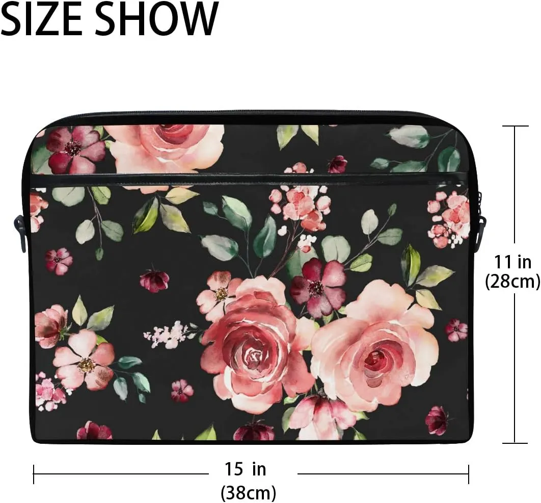 Rose Flowers Floral Black Laptop Case Bag Sleeve Portable/Crossbody Messenger Briefcase Convertible w/Strap Pocket for MacBook Air/Pro Surface Dell ASUS hp Lenovo 15-15.4 inch