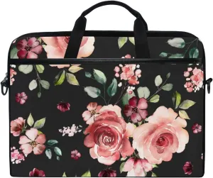 Rose Flowers Floral Black Laptop Case Bag Sleeve Portable/Crossbody Messenger Briefcase Convertible w/Strap Pocket for MacBook Air/Pro Surface Dell ASUS hp Lenovo 15-15.4 inch