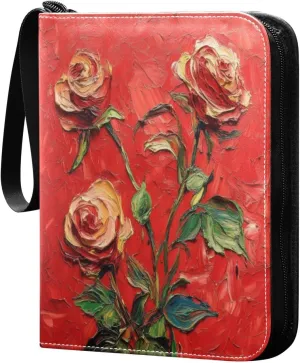 Roses Painting Card Binder 4-Pocket, 400 Pockets PU Waterproof Zippered Collector Card Album with 50 Removable Sleeves for Trading, Game Cards