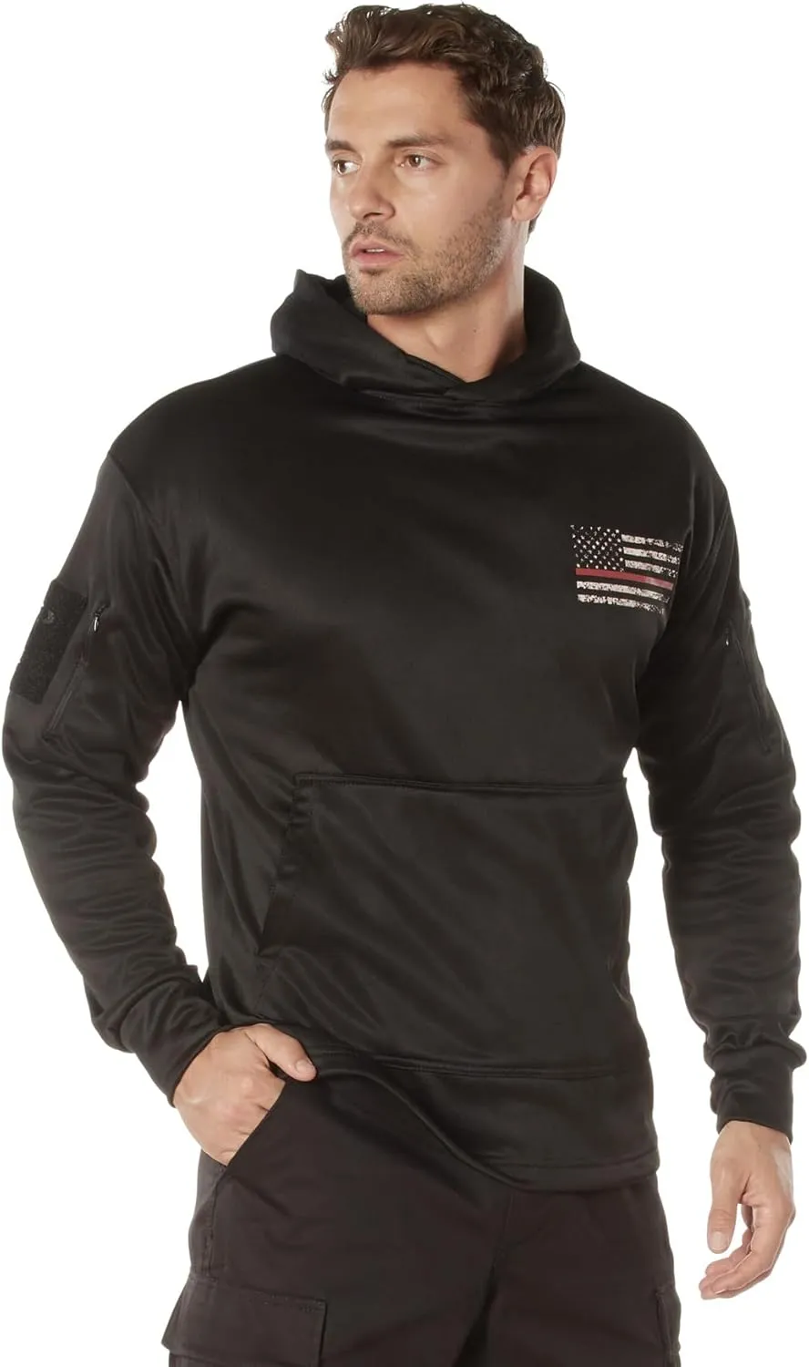 Rothco Conceal-Ops Thin Red Line Hoodie: Support Firefighters with Distressed Flag Graphic. Warm, and Rugged Utility