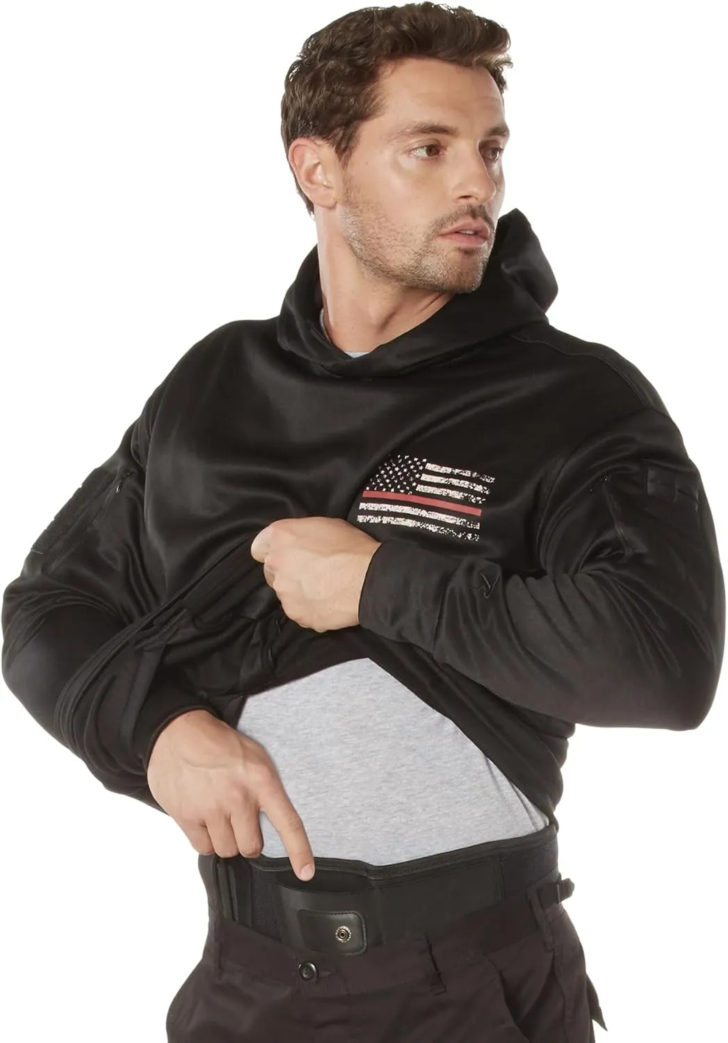 Rothco Conceal-Ops Thin Red Line Hoodie: Support Firefighters with Distressed Flag Graphic. Warm, and Rugged Utility