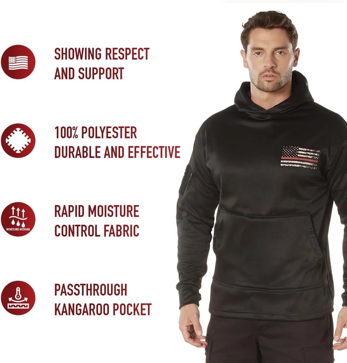 Rothco Conceal-Ops Thin Red Line Hoodie: Support Firefighters with Distressed Flag Graphic. Warm, and Rugged Utility