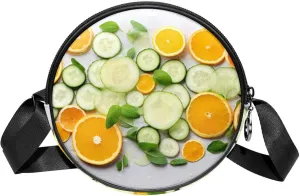 Round Crossbody Bag for Traveling, Small Purses for Women, Orange and Cucumber Fruit Vegetable