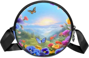 Round Crossbody Bag for Traveling, Small Purses for Women, sunrise pattern flower and butterflies