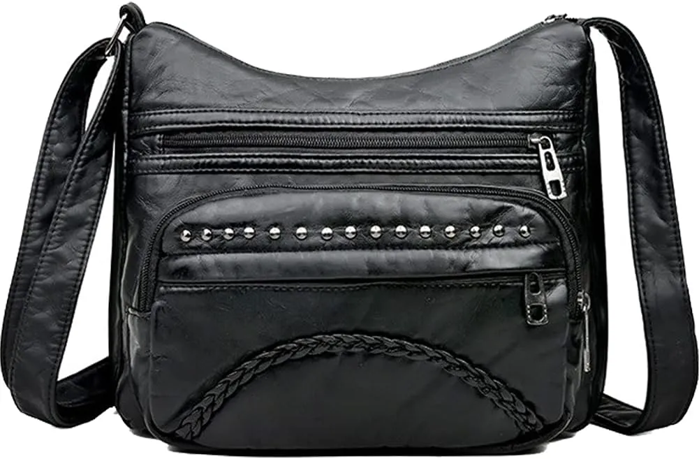 ROUROU Soft Faux Leather Shoulder Bag for Women Multi Pocket Handbag Crossbody Bag Willow Nail Purse with Tassel Print