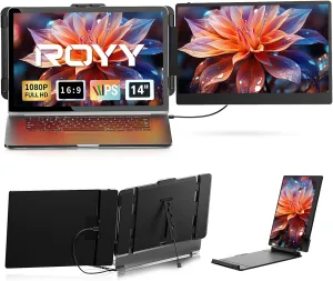 ROYY Laptop Screen Extender Dual Monitor - 14" Portable Monitor IPS FHD 1080P Attachment Extended Extra Screen USB-C HDMI Port Compatible with Wins Mac Dex Chrome Travel Work Fits 13"-17" Laptops