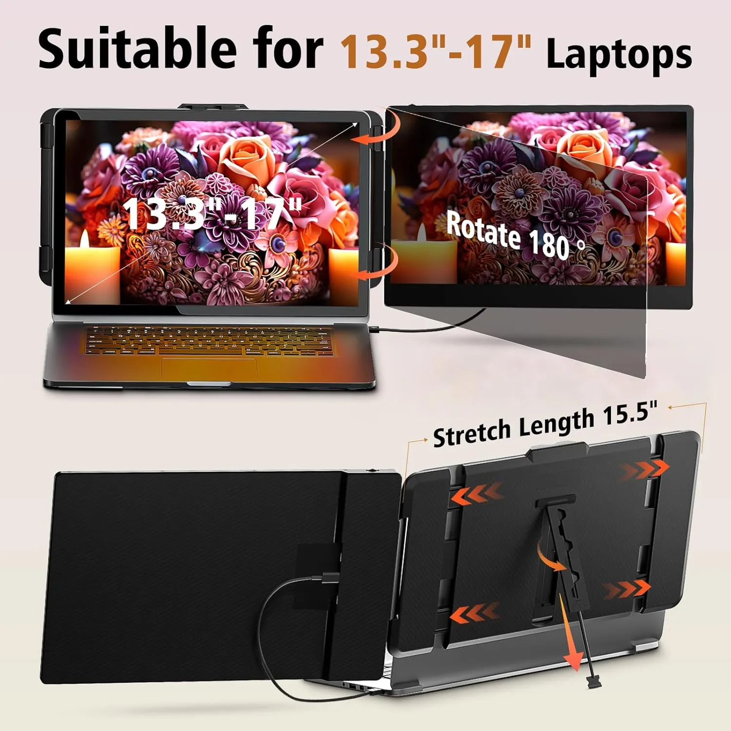 ROYY Laptop Screen Extender Dual Monitor - 14" Portable Monitor IPS FHD 1080P Attachment Extended Extra Screen USB-C HDMI Port Compatible with Wins Mac Dex Chrome Travel Work Fits 13"-17" Laptops