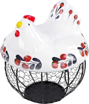 Rural365 Chicken Egg Basket in Navy and Red Design Ceramic Chicken Shaped Lid with Round Wire Basket Base and Handles