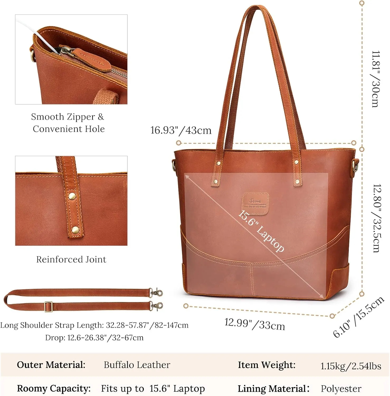 S-ZONE Genuine Leather Tote Bag for Women Large Crossbody Shoulder Work Purses and Handbags