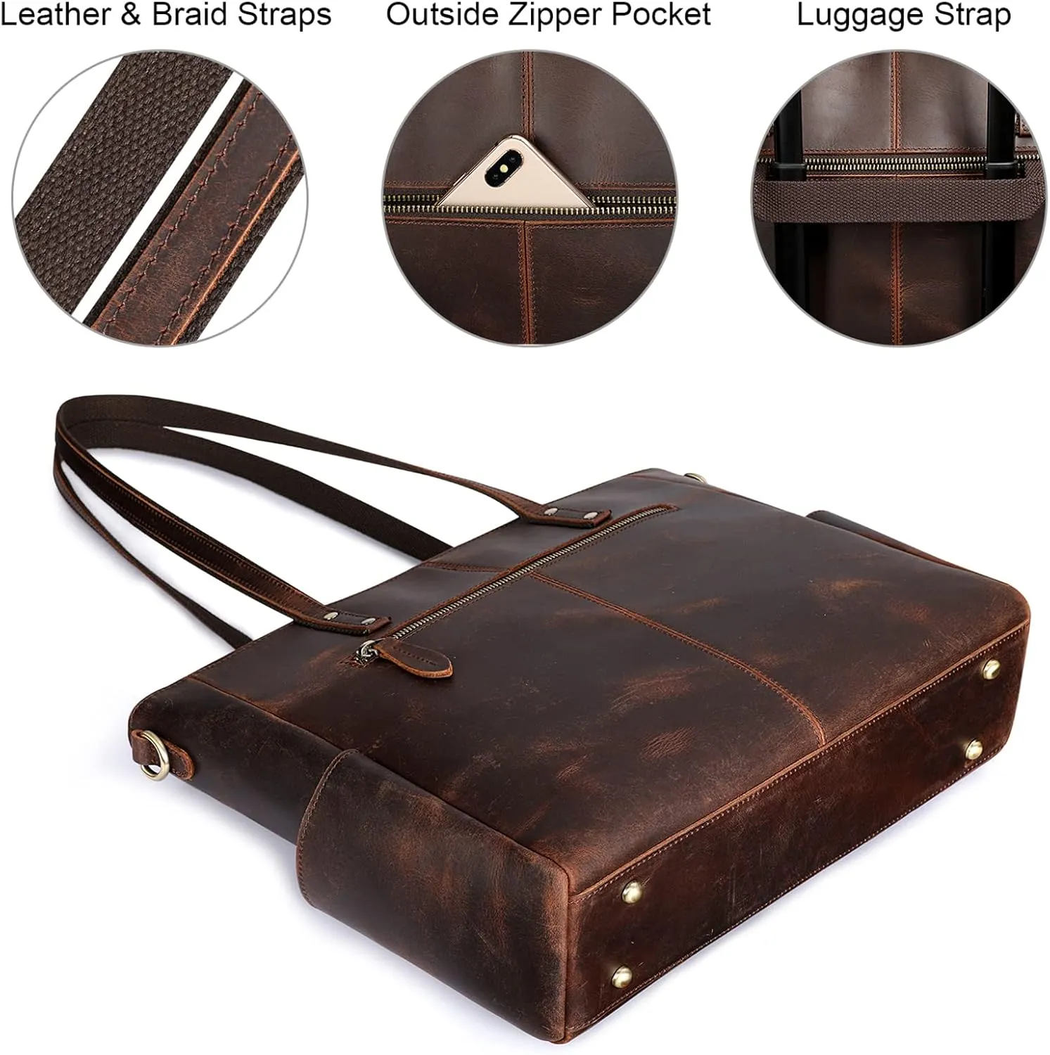 S-ZONE Genuine Leather Tote Bag for Women Large Shoulder Purses Work Handbags with Crossbody Strap Vintage