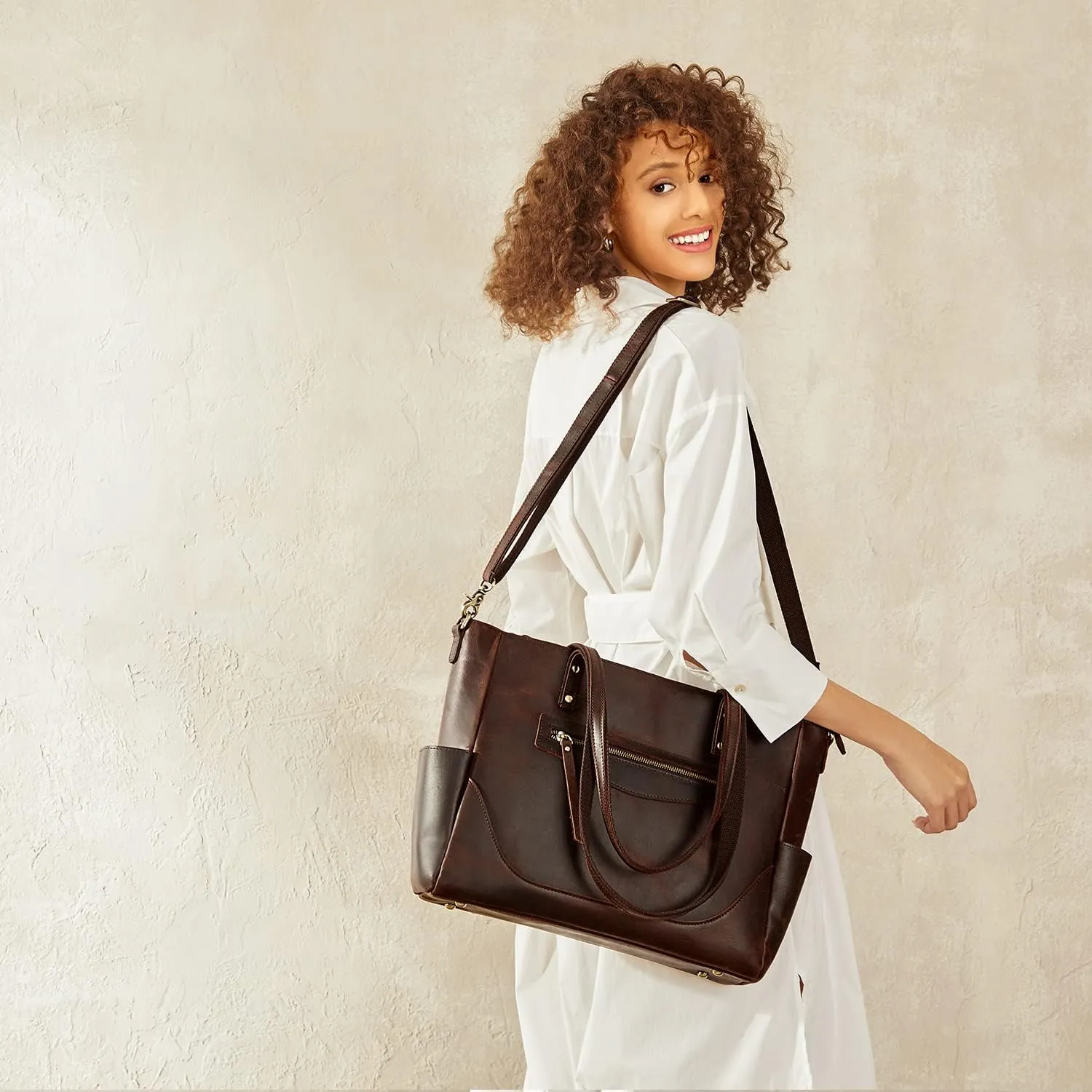 S-ZONE Genuine Leather Tote Bag for Women Large Shoulder Purses Work Handbags with Crossbody Strap Vintage