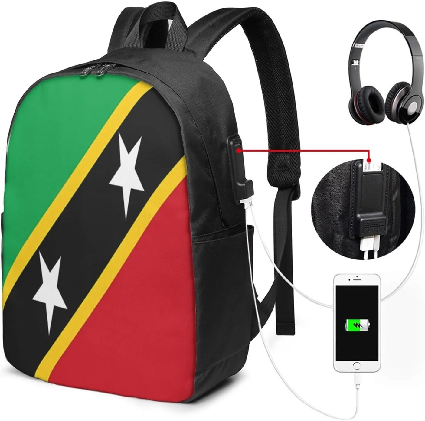 Saint Kitts Nevis Flag Laptop Backpacks Travel Backpack Casual Business Daypack Sport Rucksack Computer Bag Fits up to 17 Inch Notebook with USB Port