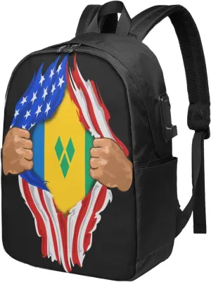 Saint Vincent Grenadines American Flag Laptop Backpacks Travel Backpack Casual Business Daypack Sport Rucksack Computer Bag Fits up to 17 Inch Notebook with USB Port