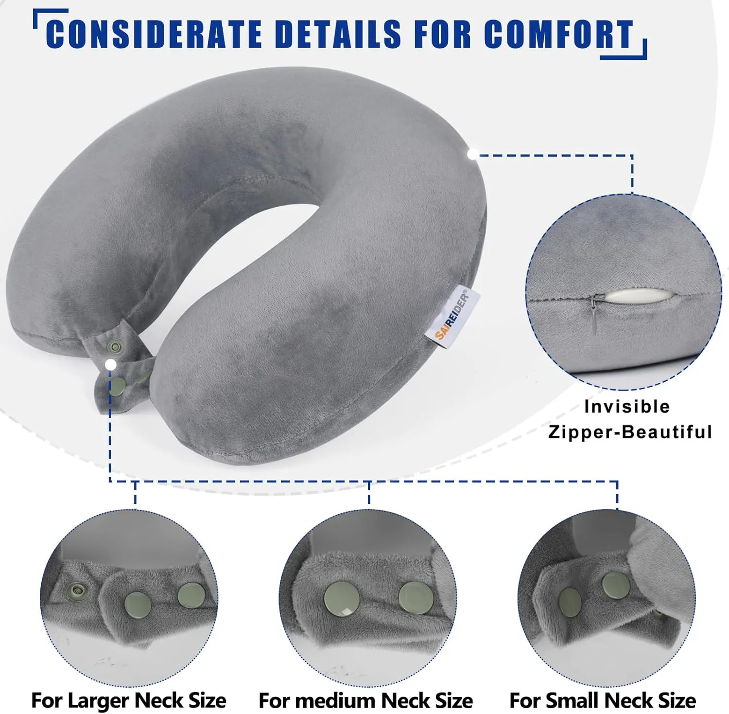 SAIREIDER Airplane Pillow 100% Memory Foam Neck Pillow for Airplanes Flight Rest Best Adjustable Travel Neck Support Pillows-Prevent The Heads from Falling Forward (Grey)