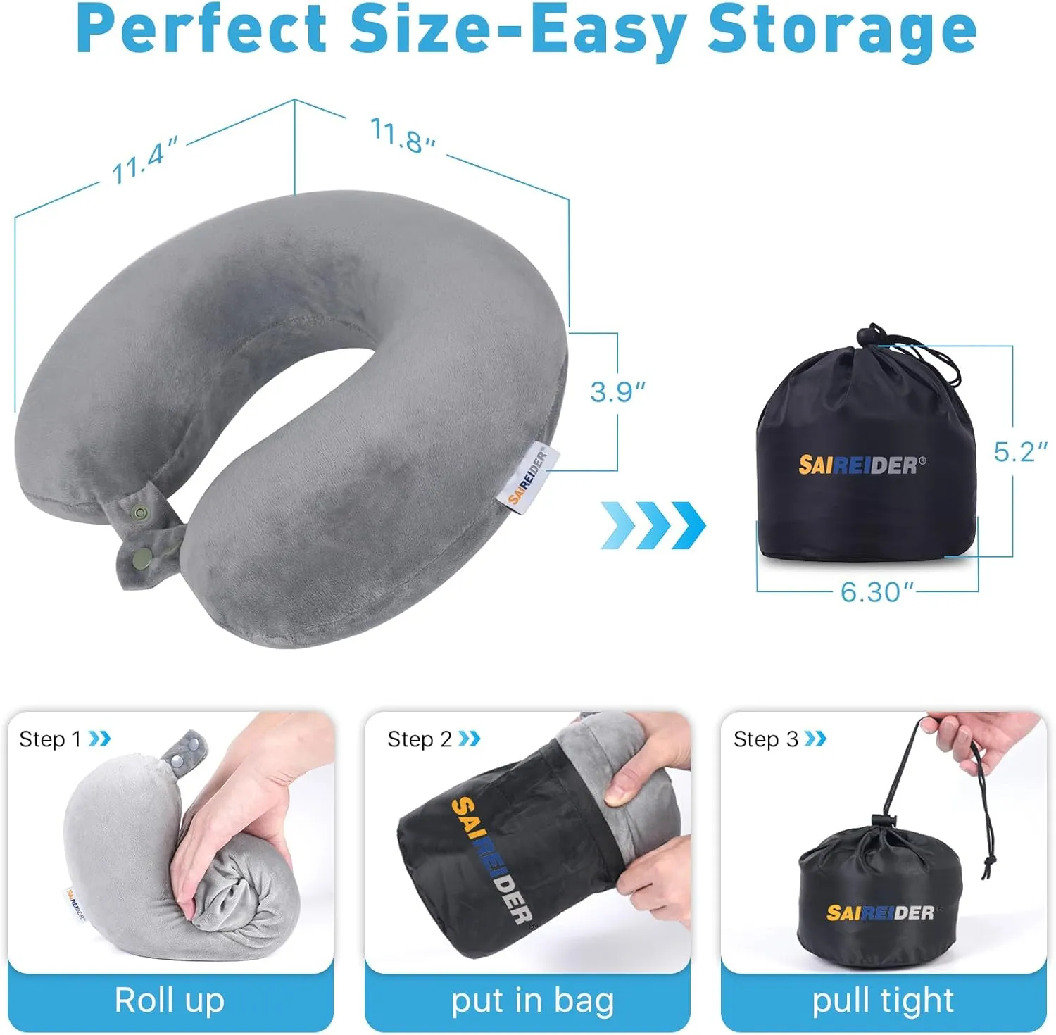 SAIREIDER Airplane Pillow 100% Memory Foam Neck Pillow for Airplanes Flight Rest Best Adjustable Travel Neck Support Pillows-Prevent The Heads from Falling Forward (Grey)