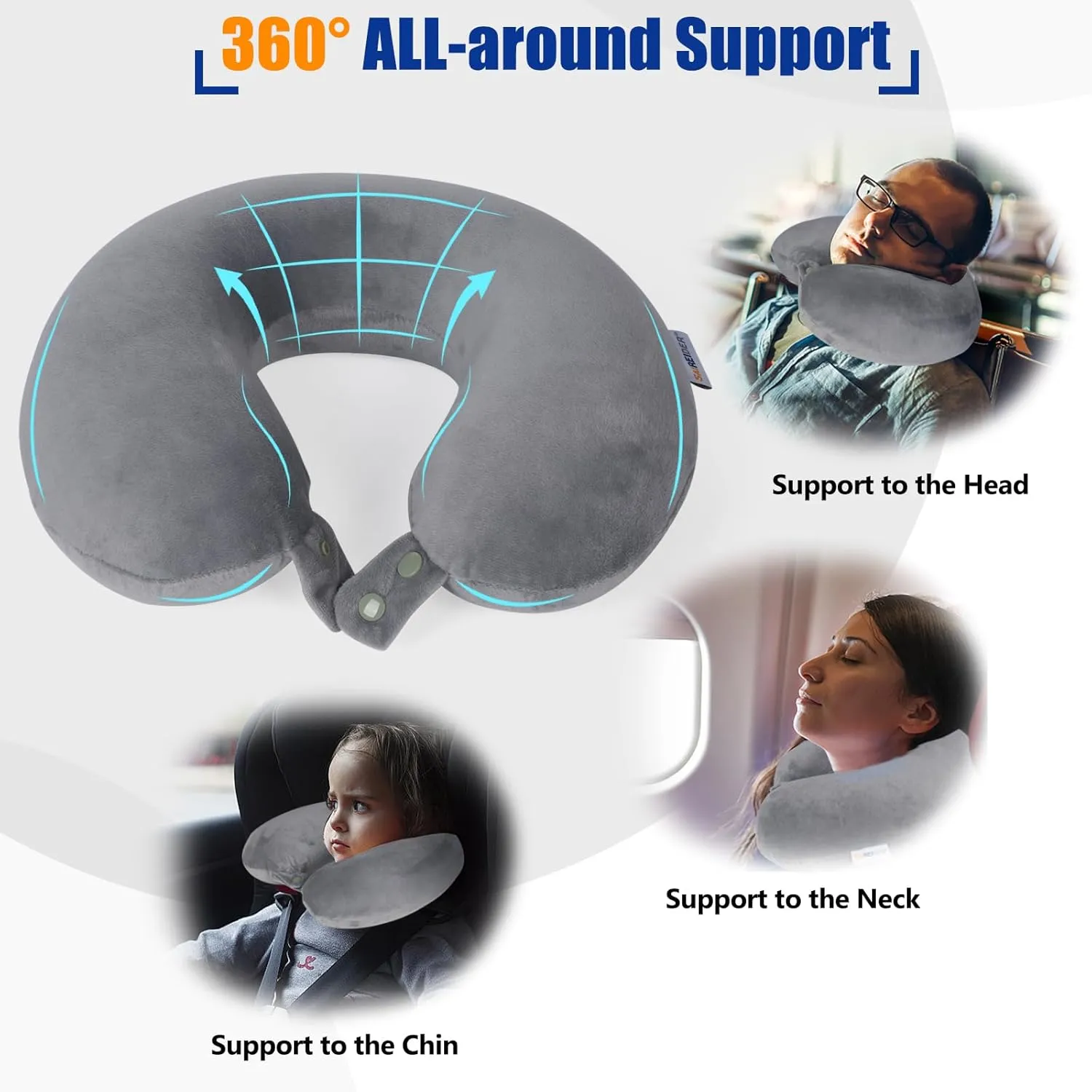 SAIREIDER Airplane Pillow 100% Memory Foam Neck Pillow for Airplanes Flight Rest Best Adjustable Travel Neck Support Pillows-Prevent The Heads from Falling Forward (Grey)