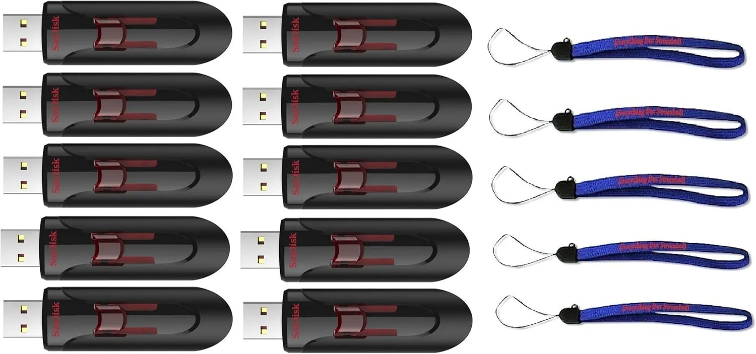 SanDisk Cruzer Glide 3.0 USB Flash Drive (10 Pack) Jump Drive Works with Laptop Computers with USB 2.0/3.0 Port (SDCZ600-G35) Bundle with (5) Everything But Stromboli Lanyard (16GB 10 Pack)