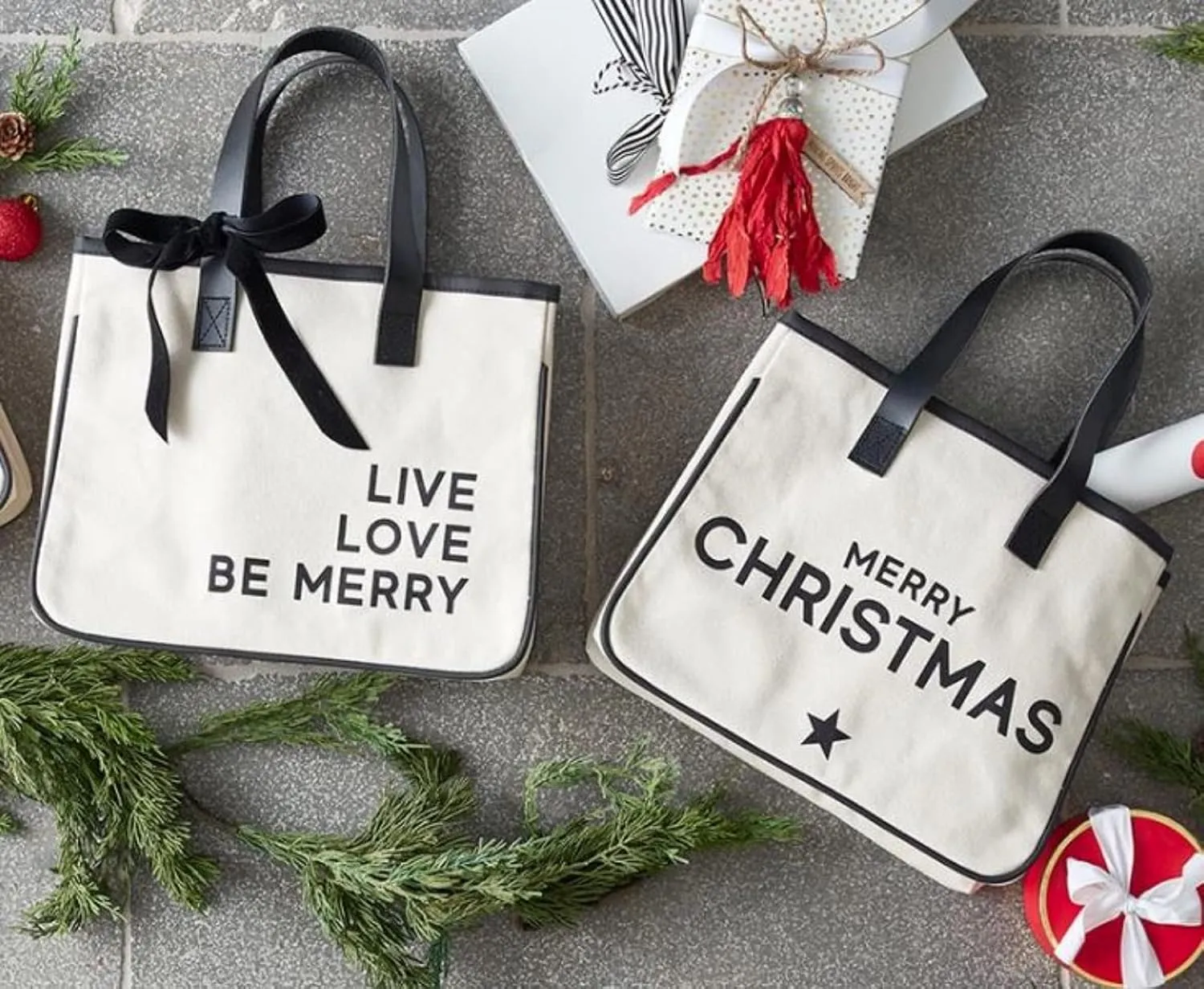 Santa Barbara Design Studio Tote Bag Holiday Collection Black and White 100% Cotton Canvas with Genuine Leather Handles