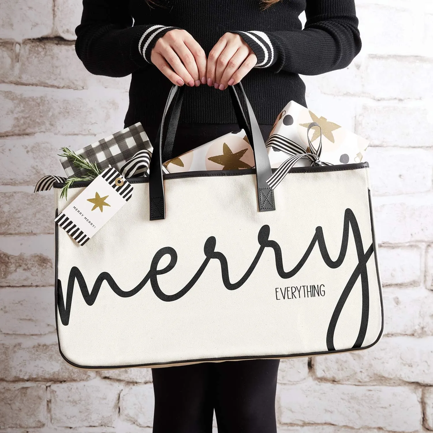 Santa Barbara Design Studio Tote Bag Holiday Collection Black and White 100% Cotton Canvas with Genuine Leather Handles