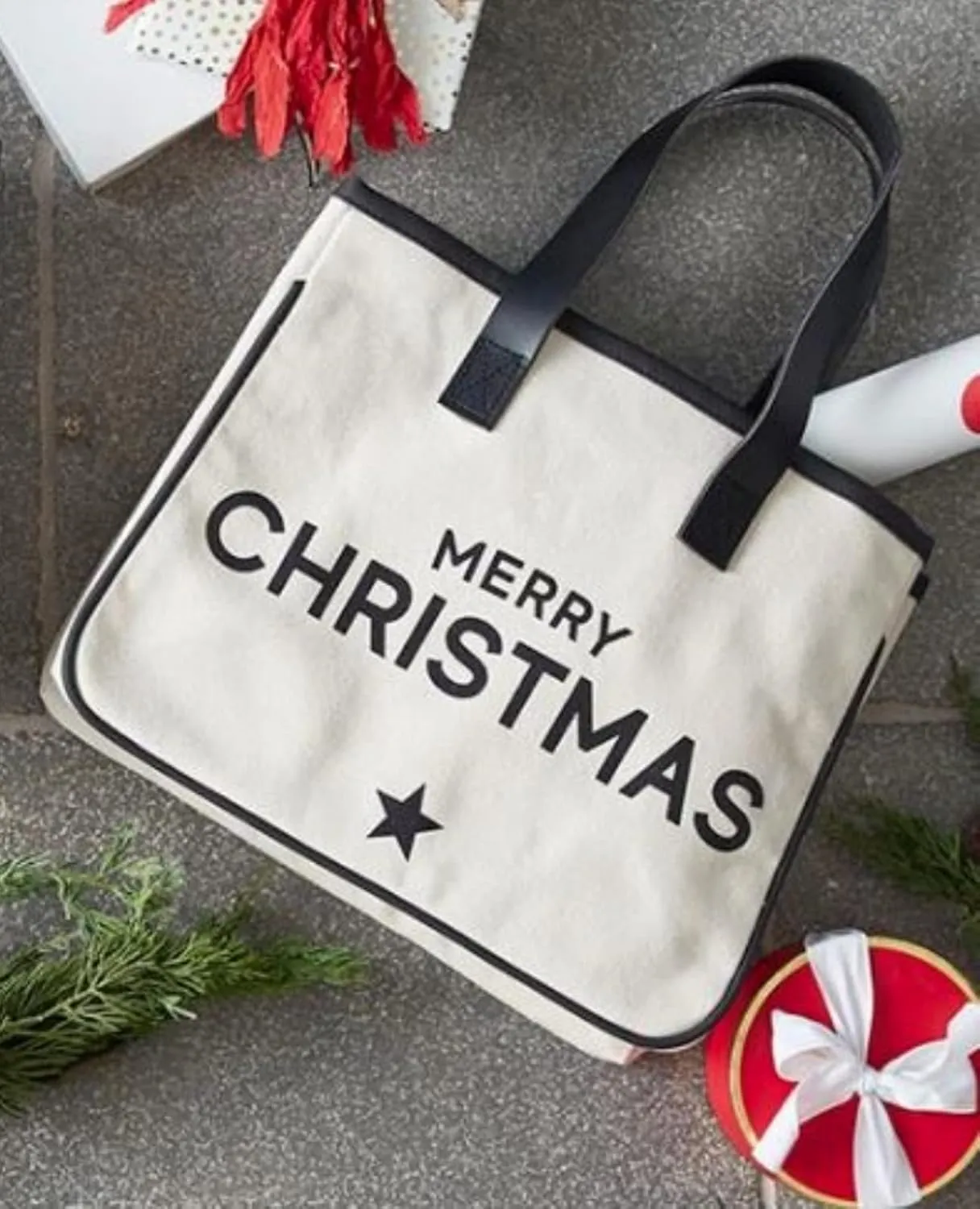 Santa Barbara Design Studio Tote Bag Holiday Collection Black and White 100% Cotton Canvas with Genuine Leather Handles
