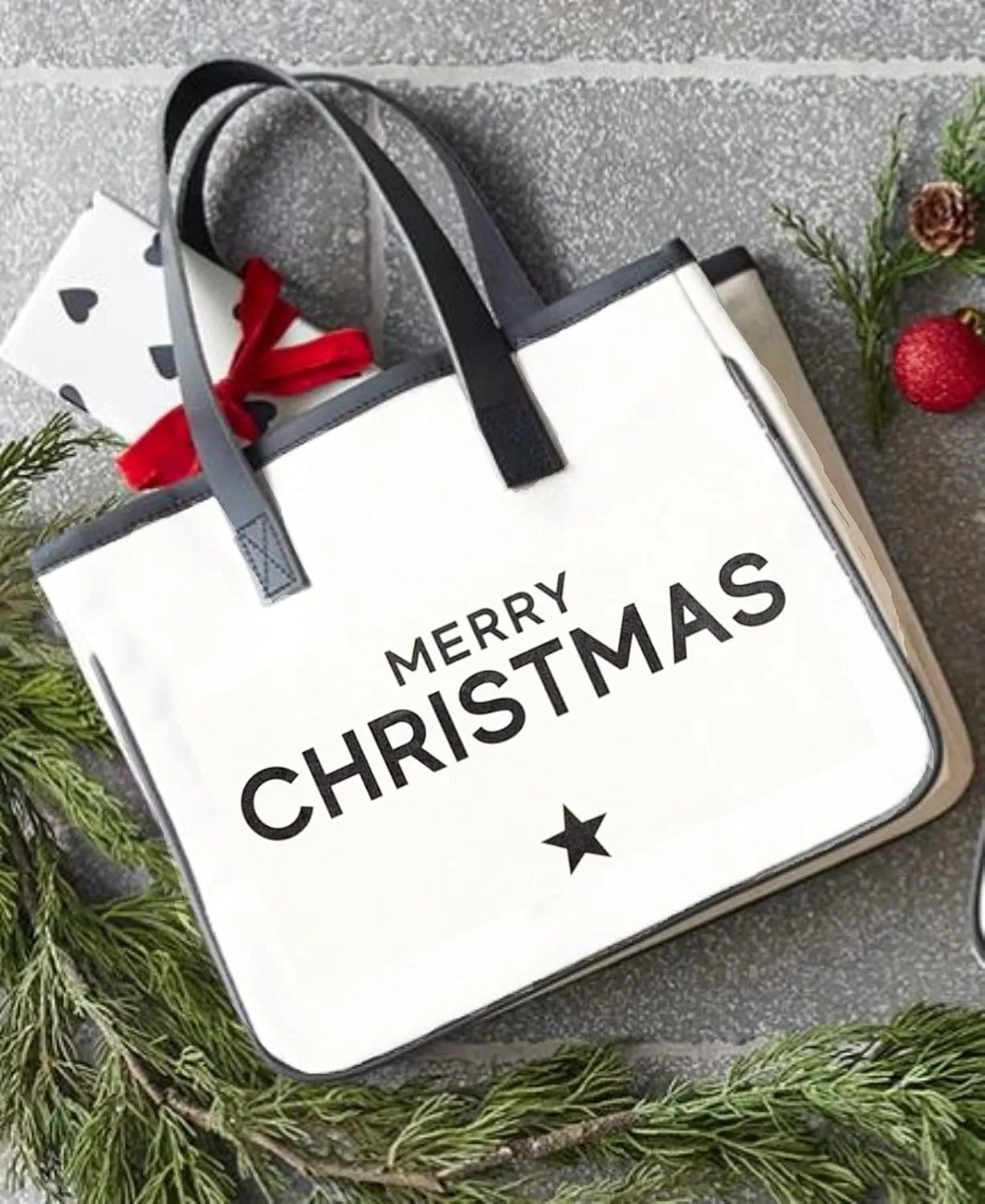 Santa Barbara Design Studio Tote Bag Holiday Collection Black and White 100% Cotton Canvas with Genuine Leather Handles
