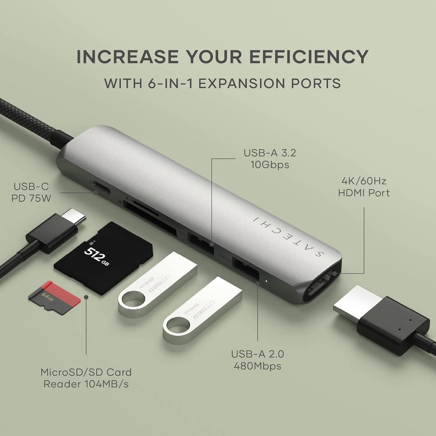 Satechi 6 in 1 USB C Hub Multiport Adapter with 4K HDMI, 100W PD Charging, 2X USB-A Data Ports, Micro/SD Card Readers for MacBook, Windows - Space Gray