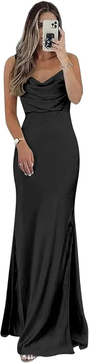 Satin Bridesmaid Dresses Long for Wedding Cowl Neck Spaghetti Strap Prom Dresses for Women with Slit