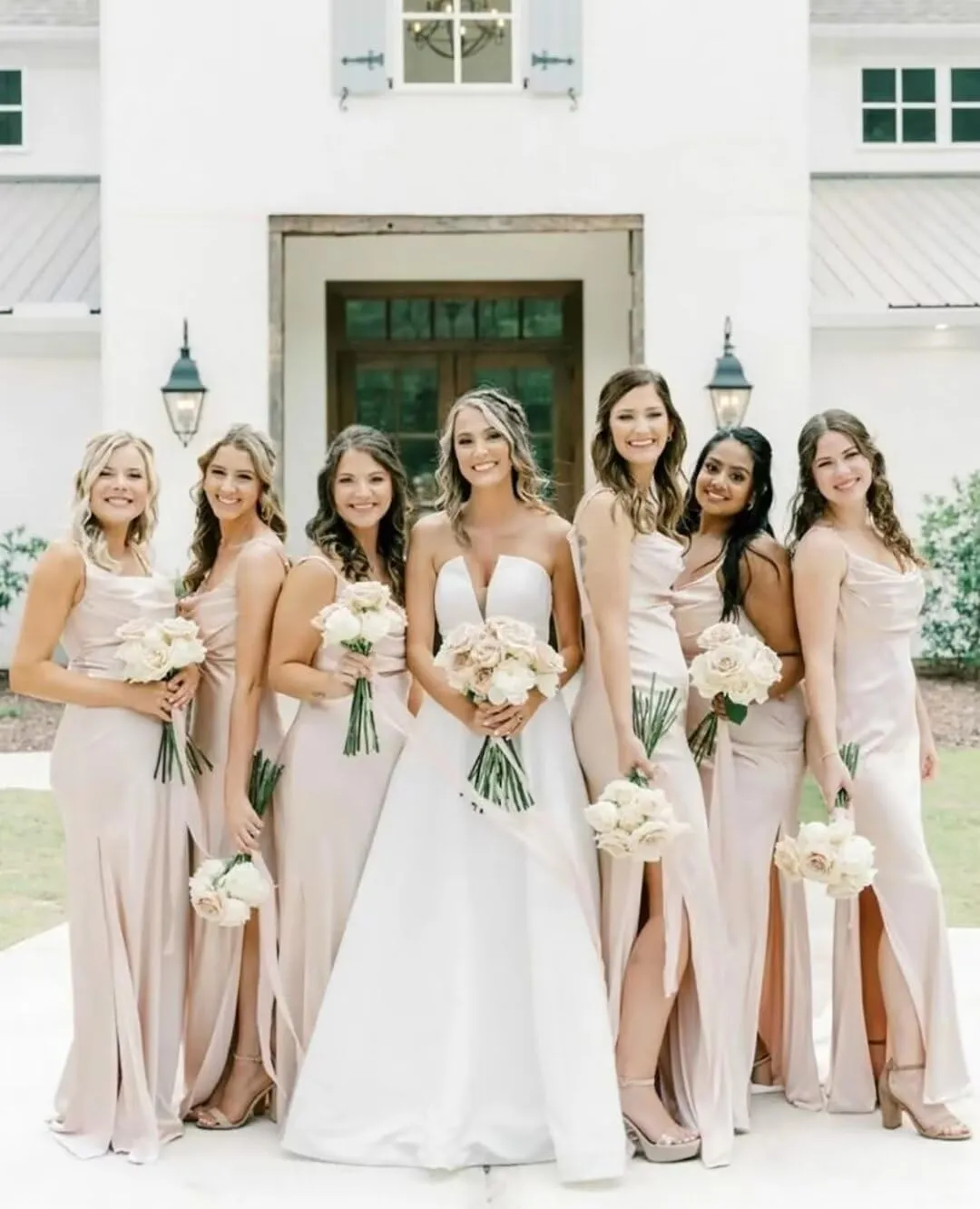 Satin Bridesmaid Dresses Long for Wedding Cowl Neck Spaghetti Strap Prom Dresses for Women with Slit