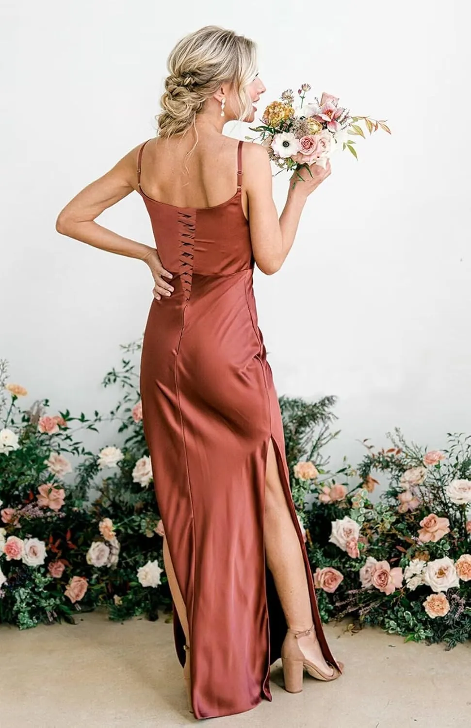 Satin Bridesmaid Dresses Long for Wedding Cowl Neck Spaghetti Strap Prom Dresses for Women with Slit