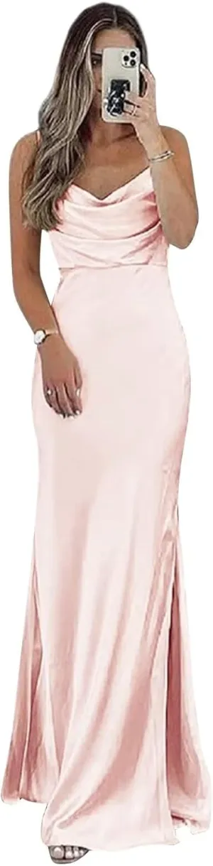 Satin Bridesmaid Dresses Long for Wedding Cowl Neck Spaghetti Strap Prom Dresses for Women with Slit