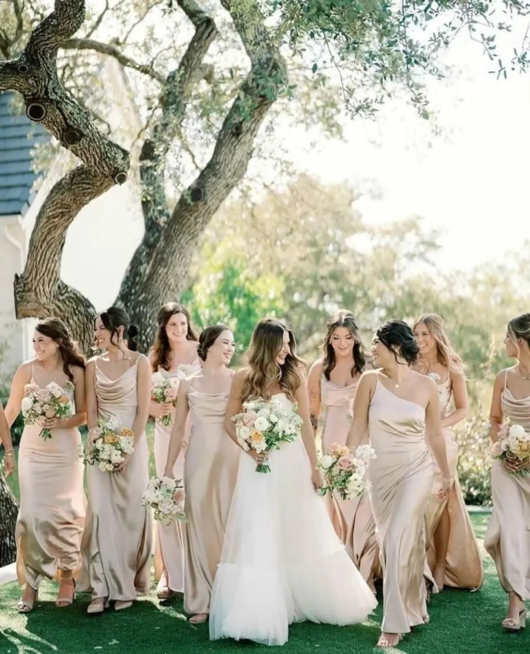 Satin Bridesmaid Dresses Long for Wedding Cowl Neck Spaghetti Strap Prom Dresses for Women with Slit