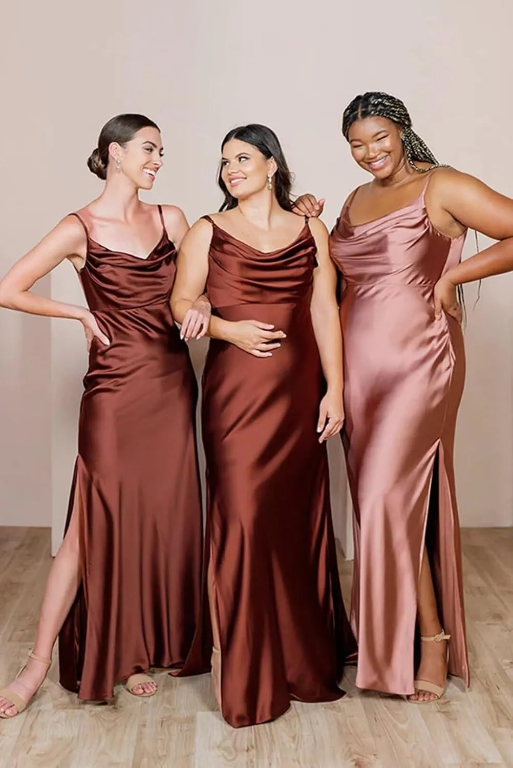 Satin Bridesmaid Dresses Long for Wedding Cowl Neck Spaghetti Strap Prom Dresses for Women with Slit