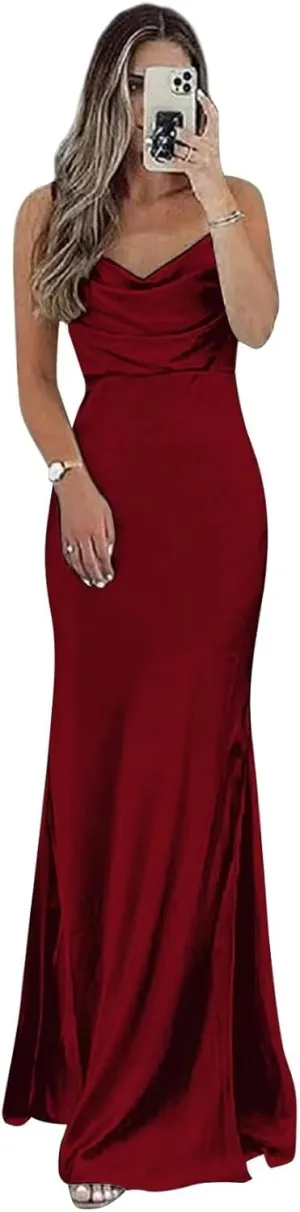 Satin Bridesmaid Dresses Long for Wedding Cowl Neck Spaghetti Strap Prom Dresses for Women with Slit