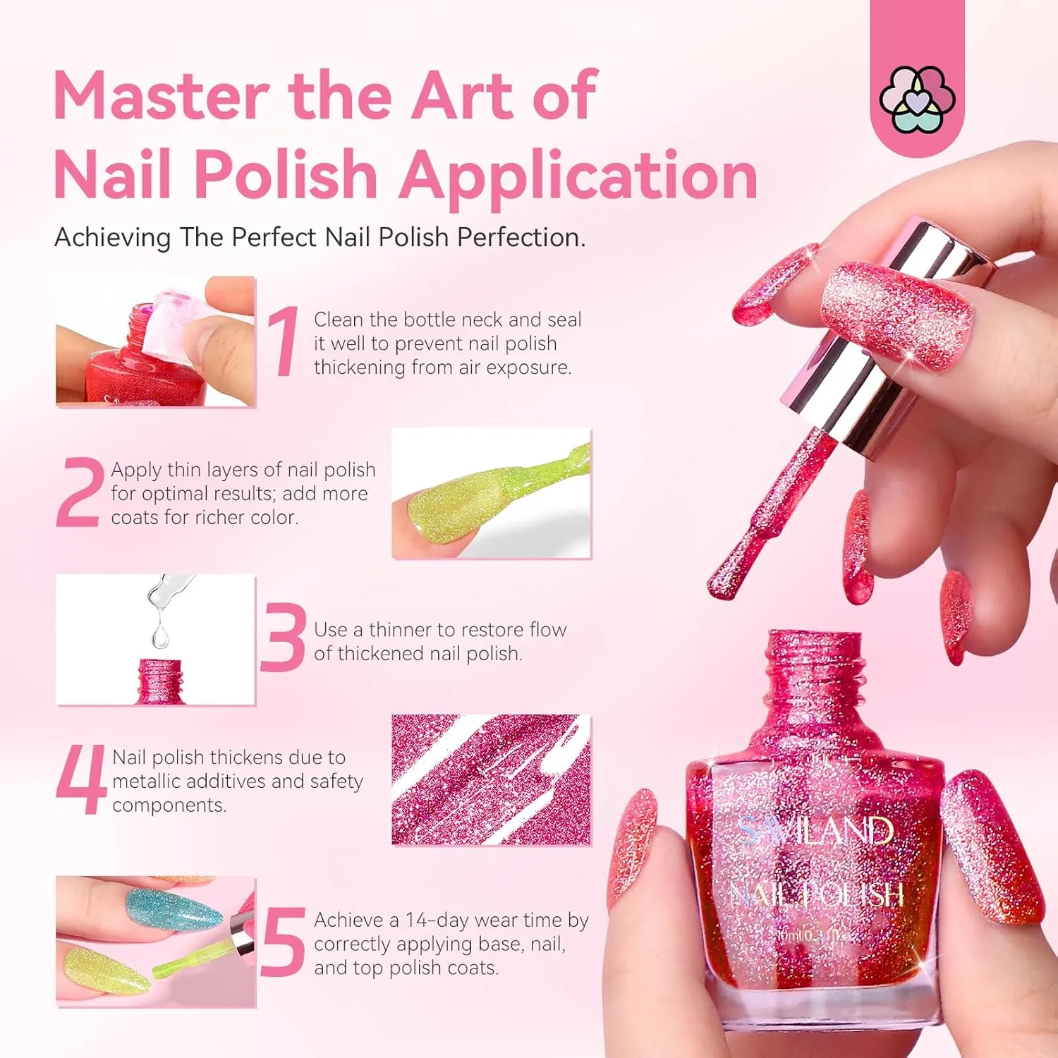 SAVILAND Glitter Nail Polish Set: Air Quick Dry Nail Polish Non Gel with Base-Top Polish Dual Unique Shimmer Holographic Nail Lacquer Gift for Beginner Fingernail Toenail Manicure Art 12 Color